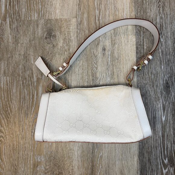 GUCCI- White Vintage Zip Shoulder Bag GG Canvas with Leather - Picture 3 of 13